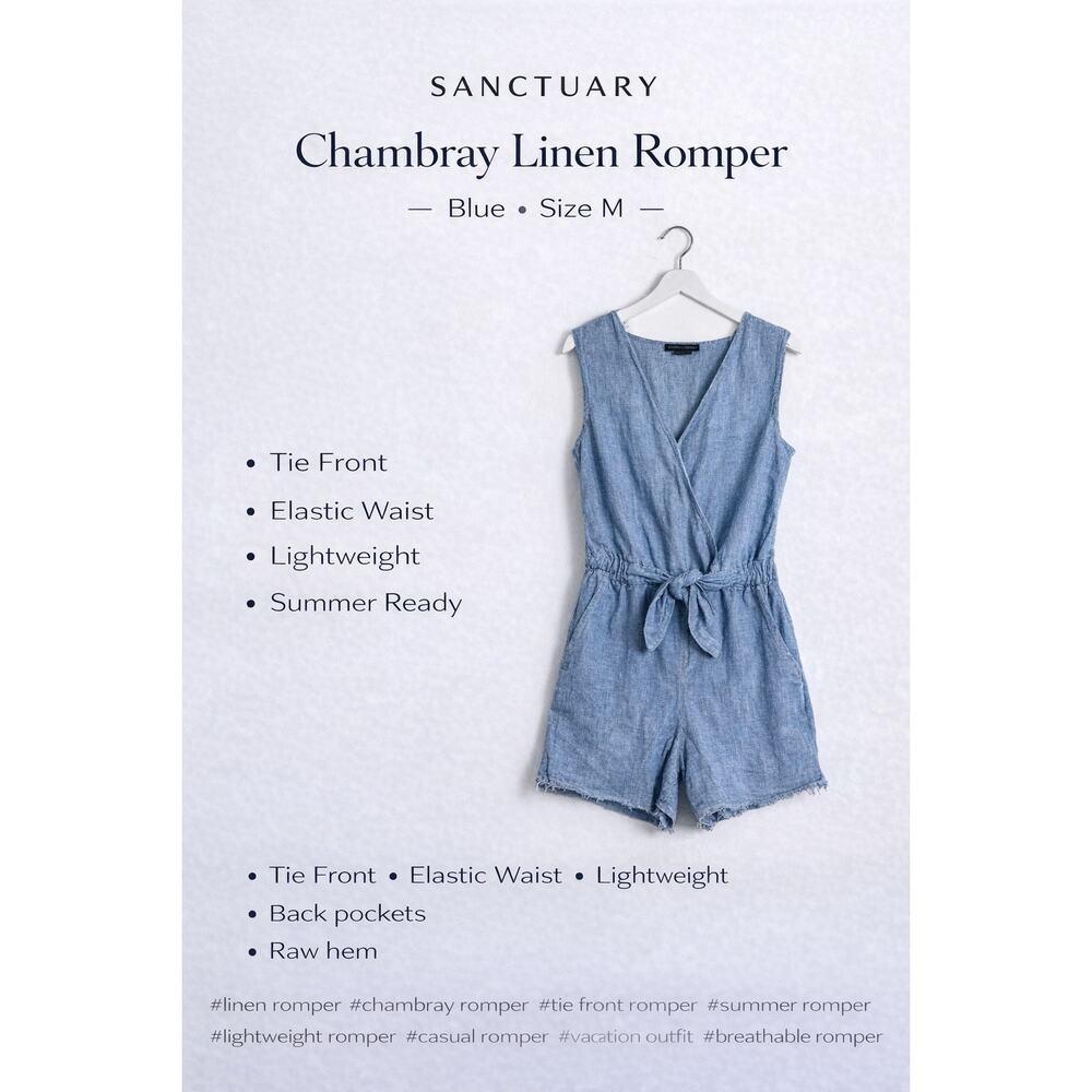 Sanctuary Chambray Linen Romper Tie Front Elastic Waist Blue Medium